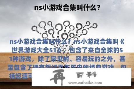 ns小游戏合集叫什么？