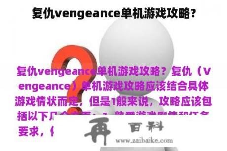 复仇vengeance单机游戏攻略？