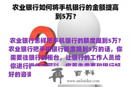 农业银行如何将手机银行的金额提高到5万？