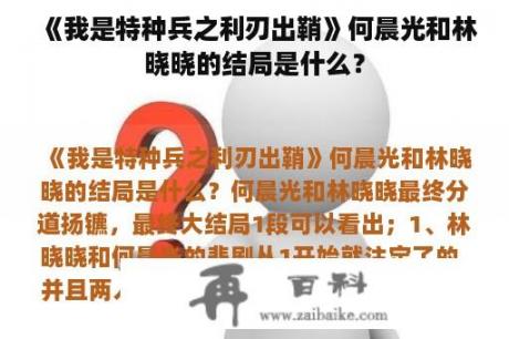 《我是特种兵之利刃出鞘》何晨光和林晓晓的结局是什么？