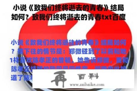 小说《致我们终将逝去的青春》结局如何？致我们终将逝去的青春txt百度云