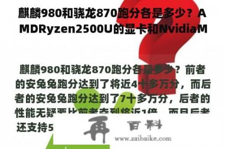 麒麟980和骁龙870跑分各是多少？AMDRyzen2500U的显卡和NvidiaMX150相比，哪个性能更好？