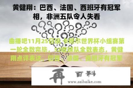 黄健翔：巴西、法国、西班牙有冠军相，非洲五队令人失看