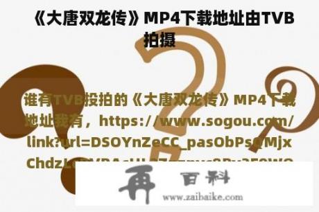 《大唐双龙传》MP4下载地址由TVB拍摄