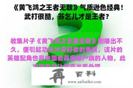 《黄飞鸿之王者无敌》气质逊色经典！武打很酷，苏乞儿才是王者？